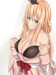 Rule 34 | 10s, 1girl, antiqq, bare shoulders, black bra, blonde hair, blue eyes, blush, bra, braid, breasts, cleavage, clothes pull, collarbone, crown, dress, eyebrows, flower, french braid, gradient background, kantai collection, large breasts, long hair, long sleeves, looking at viewer, mini crown, off-shoulder dress, off shoulder, open clothes, pulling own clothes, red flower, red ribbon, red rose, ribbon, rose, seductive smile, simple background, smile, solo, strapless, strapless bra, underwear, undressing, upper body, warspite (kancolle)