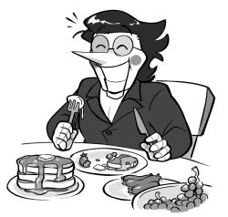 Rule 34 | big nose, black hair, breakfast, closed eyes, colliholly, deltarune, eating, food, fork, fruit, glasses, grapes, greyscale, highres, knife, maple syrup, monochrome, pancake, puppet, robot, sausage, simple background, spamton g. spamton, tuxedo, undertale