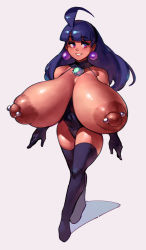 Rule 34 | 1girl, ahoge, alternate breast size, boots, breasts, breasts out, dark eclair, earrings, eclair (la pucelle), elbow gloves, full body, gigantic breasts, gloves, highres, jewelry, la pucelle, nipple piercing, piercing, sagging breasts, simple background, smile, solo, standing, stud earrings, thigh boots, thighhighs, topless, white background, zako (arvinry)