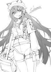 Rule 34 | 1girl, absurdres, areaaaron, arknights, closed mouth, cowboy shot, ears through headwear, gloves, greyscale, hat, headphones, headset, highres, layered sleeves, long hair, long sleeves, looking at viewer, microphone, monochrome, official alternate costume, pants, pouch, rainbow six siege, schwarz (arknights), schwarz (skyline) (arknights), short over long sleeves, short sleeves, simple background, skindentation, solo, standing, thigh strap, very long hair, white background