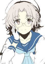 Rule 34 | 1girl, aqua neckerchief, artist name, brown eyes, dated, glasses, gloves, grey hair, hand on own face, hat, highres, hirato (kancolle), kantai collection, neckerchief, one-hour drawing challenge, sailor collar, school uniform, serafuku, short hair, simple background, solo, taira yuuki, wavy hair, white background