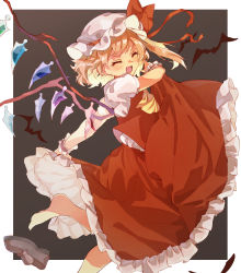 Rule 34 | 1girl, :d, arm up, ascot, barefoot, bat (animal), blonde hair, blush, border, bow, closed eyes, commentary request, crystal, fang, flandre scarlet, foot out of frame, grey background, hat, hat bow, highres, mob cap, one side up, open mouth, outside border, petticoat, puffy short sleeves, puffy sleeves, red bow, red skirt, red vest, shoes, short sleeves, simple background, skirt, smile, solo, standing, standing on one leg, tamiku (shisyamo609), touhou, unworn shoes, v-shaped eyebrows, vest, white border, white hat, wings, wrist cuffs, yellow ascot