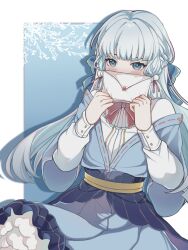 Rule 34 | 1girl, alternate costume, ayaka (genshin impact), blue dress, blue eyes, bow, bowtie, commentary request, dress, drop shadow, genshin impact, grey hair, hair ornament, highres, holding, letter, long hair, long sleeves, looking at viewer, mazhi jik, mole, mole under eye, off shoulder, pink bow, pink bowtie, pom pom (clothes), pom pom hair ornament, shirt, solo, very long hair, white shirt
