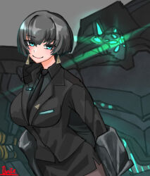Rule 34 | 1girl, allmind (armored core 6), armored core, armored core 6, black hair, earrings, green eyes, highres, jacket, jacket partially removed, jewelry, mecha, necktie, office lady, pencil skirt, robot, short hair, skirt