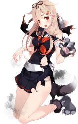 Rule 34 | 1girl, animal hands, animal hood, black serafuku, black skirt, blonde hair, dog paws, dog tail, fang, hair flaps, hair ornament, hairclip, hood, kantai collection, kujou ichiso, long hair, neckerchief, official art, open mouth, paw shoes, pleated skirt, red eyes, red neckerchief, school uniform, serafuku, short sleeves, skirt, solo, tail, torn clothes, torn skirt, transparent background, yuudachi (kancolle), yuudachi kai ni (kancolle)