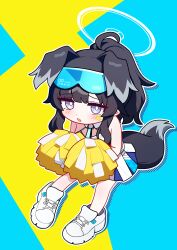 Rule 34 | 1girl, absurdres, ahoge, animal ears, black hair, blue archive, blush, detached collar, dog ears, dog tail, extra ears, facial mark, full body, halo, halterneck, hibiki (blue archive), hibiki (cheer squad) (blue archive), highres, jorang (jorang08), long hair, millennium cheerleader outfit (blue archive), open mouth, pleated skirt, ponytail, purple eyes, shoes, skirt, solo, star (symbol), tail, white footwear, white skirt