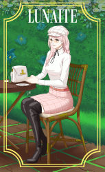 Rule 34 | 1girl, absurdres, bag, blue flower, boots, chair, choker, closed mouth, commission, flower, handbag, hat, high heel boots, high heels, highres, long hair, long sleeves, looking at viewer, orange-tinted eyewear, orange-tinted glasses, original, pink-tinted eyewear, pink-tinted glasses, pink hair, sitting, skirt, source request, sunglasses, suteja, thigh boots, thighhighs, tinted eyewear