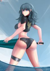 Rule 34 | 1girl, ass, bikini, black bikini, blue eyes, blue hair, breasts, butt crack, byleth (female) (fire emblem), byleth (fire emblem), closed mouth, fire emblem, fire emblem: three houses, from behind, highres, holding, holding umbrella, huge ass, looking back, medium breasts, medium hair, nintendo, smile, solo, swimsuit, thigh strap, umbrella, wading, water, watermark, web address, zelc-face