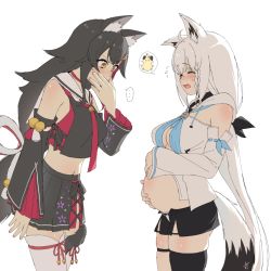Rule 34 | ..., 2girls, ahoge, animal ears, asymmetrical legwear, big belly, black hair, black shorts, bloated, bloated belly, braid, breasts, closed eyes, commentary, detached sleeves, fox ears, fox girl, fox tail, hair between eyes, hands on stomach, hololive, long hair, long sleeves, medium breasts, multicolored hair, multiple girls, navel, norigure18, ookami mio, ookami mio (1st costume), pleated skirt, shirakami fubuki, shirakami fubuki (1st costume), shorts, side braid, sidelocks, skirt, spoken character, spoken ellipsis, standing, stomach bulge, streaked hair, symbol-only commentary, tail, thighhighs, tsunomaki watame, very long hair, virtual youtuber, vore, white hair, wolf ears, wolf girl, wolf tail, x x, yellow eyes