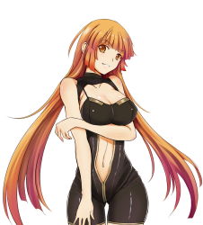 Rule 34 | 1girl, bare shoulders, blunt bangs, bodysuit, breast hold, breasts, cleavage, clothing cutout, cowboy shot, grin, highres, large breasts, long hair, looking at viewer, matching hair/eyes, navel, navel cutout, orange eyes, orange hair, sangai senki, shiro haoto, smile, solo, strap gap, sun wukong, taut clothes, very long hair, white background