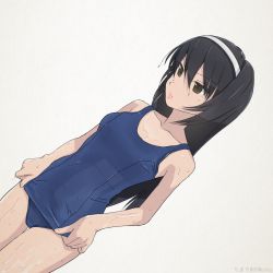 Rule 34 | 10s, 1girl, adjusting clothes, adjusting swimsuit, bad id, bad twitter id, black hair, breasts, brown eyes, chimaki (u9works), girls und panzer, hair between eyes, hairband, long hair, one-piece swimsuit, reizei mako, school swimsuit, small breasts, solo, swimsuit, twitter username, wet, wet clothes, wet swimsuit, white background, white hairband