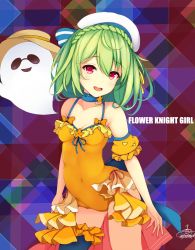 Rule 34 | 1girl, :d, abstract background, black thighhighs, blue neckwear, braid, choker, covered navel, cowboy shot, crown braid, detached sleeves, flower knight girl, frills, ghost, green hair, hat, highres, looking at viewer, multicolored background, one-piece swimsuit, open mouth, orange one-piece swimsuit, orange sleeves, pepo (flower knight girl), red eyes, sailor hat, short hair, single thighhigh, smile, solo, standing, sun hat, suzume (simple0091), swimsuit, thighhighs, white hat