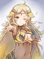 Rule 34 | 1girl, ahoge, ayame (norie11), breasts, bridal gauntlets, cape, circlet, fire emblem, fire emblem fates, grey eyes, long hair, looking at viewer, medium breasts, navel, nintendo, one eye closed, ophelia (fire emblem), outstretched arm, simple background, turtleneck