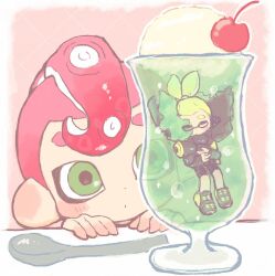 Rule 34 | 2boys, agent 3 (splatoon), agent 8 (splatoon), border, cherry, commentary request, cream soda, cup, food, fruit, glass, green eyes, highres, ice cream, ice cream float, inkling, inkling boy, inkling player character, mei tyan n, mohawk, multiple boys, nintendo, octoling, octoling boy, octoling player character, red hair, short hair, splatoon (series), splatoon 2, splatoon 2: octo expansion, spoon, tentacle hair, thick eyebrows, white border
