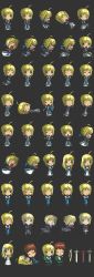 Rule 34 | 00s, 1boy, 1girl, absurdres, artoria pendragon (all), artoria pendragon (fate), blonde hair, chibi, chibi only, emiya shirou, fate/stay night, fate (series), game sprite, highres, long image, saber (fate), sprite sheet, tall image, transparent background, velox