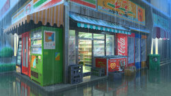 Rule 34 | basket, box, building, cash register, chinese commentary, commentary request, convenience store, door, freezer, highres, light, no humans, original, package, rain, reflection, reflective water, scenery, shelf, shop, sign, trash can, vending machine, water drop, xingzhi lv