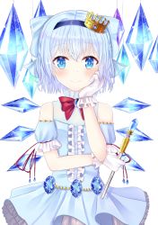 Rule 34 | 1girl, alternate costume, arms up, bad id, bad pixiv id, blue eyes, blue gemstone, blue hair, blush, bow, bowtie, brooch, cirno, commentary request, cowboy shot, crown, crystal, detached sleeves, gem, glint, gloves, hair between eyes, hair bow, hairband, hand on own face, high collar, highres, holding, holding wand, jewelry, light blue dress, looking at viewer, mini crown, nibosi, petticoat, puffy short sleeves, puffy sleeves, red bow, red bowtie, short hair, short sleeves, simple background, smile, solo, standing, touhou, wand, white background, white gloves, wings