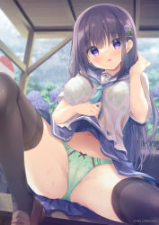 Rule 34 | 1girl, black hair, black thighhighs, blue neckerchief, blue sailor collar, blue skirt, blush, bow, bow panties, bra, bra visible through clothes, breasts, brown footwear, bus stop, cameltoe, cleft of venus, clothes lift, commentary request, flower, green bra, green panties, hair between eyes, hair flower, hair ornament, hairclip, hand up, head tilt, hydrangea, lifting own clothes, loafers, long hair, looking at viewer, medium breasts, navel, neckerchief, open mouth, original, panties, partially visible vulva, pleated skirt, purple eyes, purple flower, cameltoe, rain, sailor collar, school uniform, see-through, serafuku, shirt, shoes, skirt, skirt lift, solo, spread legs, thighhighs, underwear, very long hair, wet, wet clothes, wet shirt, yukie (peach candy)