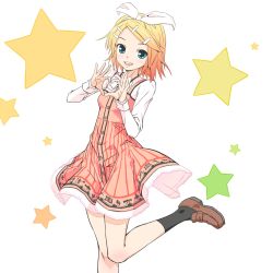 Rule 34 | 1girl, aqua eyes, black legwear, blonde hair, blush, bow, brown footwear, commentary, cowboy shot, dress, hair bow, hair ornament, hairclip, heart, heart hands, kagamine rin, leg up, light blush, looking at viewer, mary janes, open mouth, pink dress, shirt, shoes, short hair, smile, solo, soukun s, standing, star (symbol), starry background, suspenders, swept bangs, vocaloid, lat model (mikumikudance), white background, white bow, white shirt