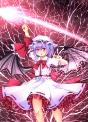 Rule 34 | 1girl, arm up, bat wings, blue hair, blush, bow, fang, female focus, hat, hat ribbon, highres, lightning, looking at viewer, magic circle, pointing, pointing up, pointy ears, puffy sleeves, red eyes, remilia scarlet, rena (riries), ribbon, short sleeves, skirt, skirt set, solo, spear the gungnir, touhou, wind, wind lift, wings, wrist cuffs
