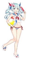 Rule 34 | 1girl, absurdres, ash arms, bad id, bad pixiv id, ball, bare arms, bare shoulders, beachball, bikini, bikini under clothes, blue eyes, blue hair, blue ribbon, blue sailor collar, blush, breasts, carrying, carrying under arm, collarbone, food, front-tie bikini top, front-tie top, full body, goyain, groin, hair ornament, hair ribbon, highres, holding, holding food, long hair, looking at viewer, navel, neckerchief, open mouth, popsicle, red neckerchief, red ribbon, ribbon, sailor collar, sailor shirt, sandals, sbd dauntless (ash arms), see-through, shirt, side-tie bikini bottom, sidelocks, simple background, sleeveless, sleeveless shirt, small breasts, solo, standing, standing on one leg, star (symbol), star hair ornament, striped bikini, striped clothes, swimsuit, transparent, twintails, white background, white footwear, white shirt