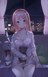 Rule 34 | 1girl, absurdres, blush, breasts, brown hair, building, closed mouth, collarbone, collared shirt, commentary request, curtains, dress shirt, ds a, hair ornament, hairclip, head tilt, highres, indoors, long hair, long sleeves, looking at viewer, night, night sky, hugging object, off shoulder, original, red eyes, shirt, sitting, sky, skyscraper, sleeves past wrists, small breasts, solo, star (sky), starry sky, stuffed animal, stuffed rabbit, stuffed toy, teddy bear, white shirt, window
