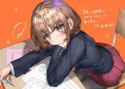 Rule 34 | 1girl, arm support, azusagawa kaede, black pantyhose, blush, brown eyes, closed mouth, desk, from above, holding, holding pen, looking at viewer, looking up, medium hair, notebook, orange background, pantyhose, pen, pleated skirt, ranf, red skirt, school desk, seishun buta yarou, signature, simple background, sitting, skirt, solo