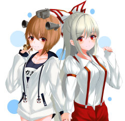 Rule 34 | 2girls, 7saki, absurdres, anchor symbol, arm at side, arm belt, arm up, bad id, bad pixiv id, blush, breasts, brown eyes, brown hair, commentary, crossover, drawstring, expressionless, finger to mouth, fujiwara no mokou, hair between eyes, hair ribbon, headgear, highres, holding hands, hood, hoodie, kantai collection, lifebuoy, long hair, looking at viewer, medium breasts, multiple girls, nail polish, one-piece swimsuit, pants, polka dot, polka dot background, red eyes, red nails, red pants, ribbon, school swimsuit, shirt, short hair, silver hair, sleeves past wrists, small breasts, smile, standing, suspenders, swim ring, swimsuit, touhou, upper body, very long hair, white background, white hoodie, white shirt, yukikaze (kancolle)