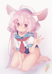 Rule 34 | 1girl, @ @, ahoge, animal ear fluff, animal ears, arm up, barefoot, carrot, commentary request, hair ornament, hairclip, hat, highres, long hair, low twintails, off shoulder, one-piece swimsuit, pink eyes, pink hair, rabbit ears, school swimsuit, school uniform, serafuku, shirt, simple background, sitting, smile, solo, suicavrchat, sweat, sweatdrop, swimsuit, swimsuit under clothes, thighs, toes, tomari mari, tomari mari channel, twintails, v, very long hair, virtual youtuber, white background, white hat, white shirt