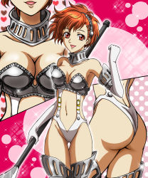 Rule 34 | 1girl, armor, ass, boots, breasts, brown hair, cleavage, gorget, hairband, hanzou, heart, high-cut armor (persona), lipstick, looking at viewer, makeup, multiple views, navel, open mouth, persona, persona 3, persona 3 portable, polearm, polka dot, red eyes, shin megami tensei, shiomi kotone, short hair, smile, sparkle, thigh boots, thigh gap, thighhighs, weapon