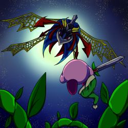 Rule 34 | 1girl, angry, antennae, artist request, attack, bad id, bad pixiv id, battle, blue skin, colored skin, crown, hat, unworn hat, unworn headwear, kirby, kirby: triple deluxe, kirby (series), looking at another, looking down, night, nintendo, no humans, plant, queen sectonia, red eyes, ringed eyes, soul of sectonia, spoilers, vines, wings