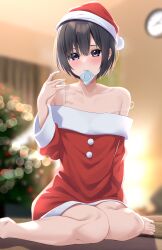 Rule 34 | 1girl, absurdres, bare legs, barefoot, black eyes, black hair, blurry, blurry background, blush, bra strap, christmas, christmas tree, clock, collarbone, condom, condom in mouth, dress, flat chest, hair between eyes, hat, highres, kiona (giraffe kiona), long sleeves, looking at viewer, mouth hold, off-shoulder dress, off shoulder, original, red dress, red hat, santa costume, santa hat, short dress, short hair, sitting, solo, wariza