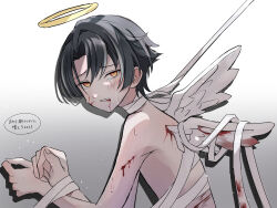 Rule 34 | 1boy, 2023, absurdres, angel, angel wings, black hair, blood, blood on arm, blood on face, bloody wings, crying, crying with eyes open, feathered wings, grey background, grey hair, halo, highres, itsuki (paradox live), male focus, miya (38magical), multicolored hair, paradox live, short hair, solo, tears, teeth, translation request, white wings, wings