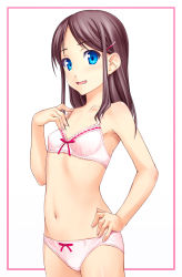 Rule 34 | 1girl, bare shoulders, blue eyes, blush, bra, brown hair, flat chest, hair ornament, hairclip, hand on own hip, highres, hip focus, lingerie, long hair, looking at viewer, navel, norizou type-r, open mouth, original, panties, simple background, smile, solo, standing, underwear, underwear only, white background, white bra, white panties