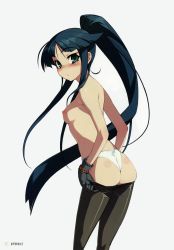 Rule 34 | 1girl, absurdres, ass, black hair, black pantyhose, blush, breasts, clothes pull, dressing, floating hair, from behind, gloves, green eyes, grey background, grey gloves, high ponytail, highres, long hair, looking at viewer, minato hikaru, namaniku atk, nipples, panties, pantyhose, parted lips, scan, shiny skin, simple background, small breasts, solo, soukou akki muramasa, standing, topless, underwear, very long hair, white panties