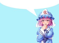 Rule 34 | 1girl, blank speech bubble, blue background, blue dress, blue hat, breasts, dress, frilled hat, frilled shirt collar, frills, fusu (a95101221), hat, highres, large breasts, long sleeves, looking at viewer, medium hair, mob cap, pink hair, saigyouji yuyuko, solo, speech bubble, third-party edit, touhou