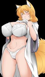 Rule 34 | 1girl, absurdres, animal ears, black background, blonde hair, blush, breasts, clothes lift, commentary, dress, dress lift, fox ears, fox tail, hair between eyes, half-closed eyes, highres, huge breasts, lifting own clothes, medium hair, mizuga, multiple tails, no headwear, parted lips, simple background, solo, symbol-only commentary, tail, touhou, triangle mouth, underwear, white dress, yakumo ran, yellow eyes