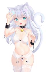 Rule 34 | 1girl, absurdres, aceblitz, animal ear fluff, animal ears, arm up, bare shoulders, bdsm, bell, blue eyes, blunt bangs, blush, bondage cuffs, bow, bow bra, bow panties, bra, braid, cameltoe, cat ears, cat girl, cat tail, chain, claw pose, collar, collarbone, cowboy shot, cuffs, fang, female focus, garter belt, grey hair, hand up, highres, jingle bell, lace, lace bra, lace panties, lingerie, long hair, looking at viewer, navel, neck bell, open mouth, original, panties, paw pose, shackles, sidelocks, simple background, single braid, skin fang, skindentation, slave, solo, standing, stomach, tail, tail raised, thighhighs, underwear, underwear only, white background, white bra, white panties, white thighhighs