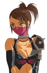 Rule 34 | 1girl, alternate costume, breasts, brown hair, cleavage, grey eyes, half mask, jewelry, kunoichi (sengoku musou), large breasts, lowres, mask, necklace, ooyama (o-yama), sengoku musou, short twintails, solo, twintails