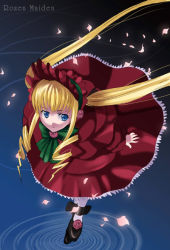 Rule 34 | 00s, 1girl, blonde hair, blue eyes, bonnet, bow, copyright name, dress, drill hair, flower, full body, inue shinsuke, leaning forward, lolita fashion, long hair, long sleeves, petals, red dress, rose, rozen maiden, shinku, shoes, solo, standing, standing on liquid, twintails, very long hair