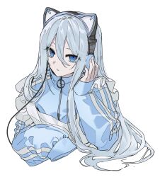 Rule 34 | 1girl, absurdres, animal ear headphones, animal ears, apron, blue eyes, blue jacket, cable, cat ear headphones, fake animal ears, fujo0t4ku, hair between eyes, headphones, highres, jacket, jersey maid, long hair, long sleeves, looking at viewer, maid, parted lips, project sekai, simple background, solo, track jacket, unconventional maid, very long hair, white apron, white background, white hair, yoisaki kanade