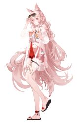 Rule 34 | 1girl, absurdres, adjusting clothes, alternate costume, animal ears, arknights, black footwear, braid, commentary request, cup, dress, eyewear on head, full body, hand up, highres, holding, holding cup, long hair, long sleeves, looking at viewer, looking down, ludwind221, pink hair, pozyomka (arknights), red dress, red eyes, ringed eyes, sandals, short dress, side braid, solo, standing, sunglasses, thigh strap, transparent background, very long hair