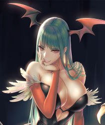 Rule 34 | 1girl, bare shoulders, breasts, capcom, cleavage, clenched teeth, commentary request, fang, fujii eishun, green hair, head wings, large breasts, lips, long hair, morrigan aensland, red eyes, solo, teeth, upper body, vampire (game), wings