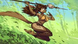 Rule 34 | 1girl, absurdres, animal ears, animal nose, artist name, barefoot, blue eyes, breasts, brown fur, brown pants, bush, clothing cutout, commentary, criss-cross halter, english commentary, floating hair, forest, frown, furry, furry female, halterneck, highres, holding, holding polearm, holding weapon, leg cutout, long hair, medium breasts, nature, open hand, original, paid reward available, pants, polearm, ponytail, soles, solo, spear, tail, tree, underboob, v-shaped eyebrows, weapon, zummeng