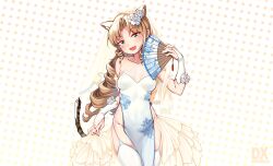 Rule 34 | 1girl, absurdres, animal ears, arknights, blonde hair, breasts, bride, curly hair, fang, green eyes, hand fan, highres, holding, holding fan, looking at viewer, medium breasts, open mouth, smile, solo, swire (arknights), tail, thighhighs, tiger ears, tiger girl, tiger tail, white thighhighs