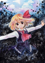 Rule 34 | 1girl, :d, acrylic paint (medium), blonde hair, embodiment of scarlet devil, female focus, millipen (medium), mucco, open mouth, outstretched arms, painting (medium), red eyes, rumia, sample watermark, short hair, smile, solo, spread arms, touhou, traditional media, watercolor (medium), watermark