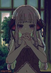 Rule 34 | 1girl, artist name, babydoll, backlighting, blunt bangs, blush stickers, closed mouth, collarbone, curtains, dithering, facing viewer, female focus, hair ornament, long hair, looking at viewer, nanami yuki (yuki77mi), navel, original, own hands clasped, own hands together, pixel art, signature, solo, strap slip, twintails, upper body, window