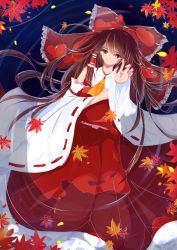 Rule 34 | 1girl, absurdres, ascot, autumn leaves, blurry, bow, brown eyes, brown hair, chiwai, crying, depth of field, detached sleeves, from above, hair bow, hair tubes, hakurei reimu, highres, long hair, long skirt, looking at viewer, partially submerged, reaching, reaching towards viewer, red skirt, ribbon-trimmed sleeves, ribbon trim, sad, skirt, sleeveless, solo, teardrop, tears, touhou, very long hair, water, wide sleeves