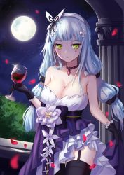 Rule 34 | 1girl, alcohol, alternate hairstyle, bad id, bad pixiv id, bare arms, bare shoulders, black bow, black choker, black gloves, black thighhighs, blue hair, blunt bangs, bow, breasts, choker, cleavage, closed mouth, clothes lift, collarbone, cowboy shot, cup, dress, dress lift, drinking glass, earrings, eyes visible through hair, facepaint, facial mark, flower, framed breasts, garter straps, gem, girls&#039; frontline, gloves, green eyes, hair flower, hair ornament, hair ribbon, hairband, hand on own arm, hand up, hk416 (girls&#039; frontline), hk416 (starry cocoon) (girls&#039; frontline), holding, holding cup, holding drinking glass, jewelry, kong (ksw2801), layered dress, long hair, looking at viewer, low-tied long hair, medium breasts, moon, multi-tied hair, night, night sky, official alternate costume, pendant, petals, pillar, ribbon, rose, rose petals, sky, smile, solo, standing, star (sky), starry sky, strapless, strapless dress, teardrop, thighhighs, thighs, very long hair, white flower, white hairband, white ribbon, white rose, wind, wine, wine glass