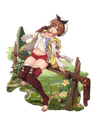 Rule 34 | 1girl, :o, atelier (series), atelier ryza, atelier ryza 1, boots, breasts, brown eyes, brown gloves, brown hair, cleavage, full body, gloves, groin, hair ornament, hairclip, high heel boots, high heels, highres, looking at viewer, medium breasts, medium hair, midriff, navel, pouch, red shorts, reisalin stout, shorts, single glove, skindentation, solo, teeth, thigh boots, thigh pouch, thighhighs, thighs, toeless footwear, upper teeth only, white crow, white headwear, white thighhighs